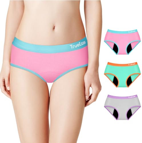 TrueEase Confezione da 3 Biancheria Intima mestruale per Ragazze, Taglia L, Verde, Rosa, Grigio, L