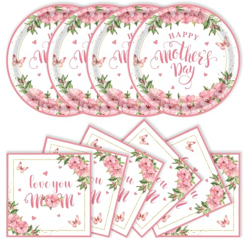40pcs Mother's Day Paper Plates and Napkins Party Supplies, Disposable Mothers Day Party Plates and Napkins Flowers Theme Tableware Set for Birthday Mother's Day Decorations (Mothers Day)