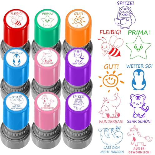 9 Stk.Lehrer Stempel Selbstfärbend Bunte Motivation Bewertung Hausaufgaben | Lob Belohnung Siegel, Klarer Stempelabdruck, Farbiges Cartoon Design, Ideal für Schüler