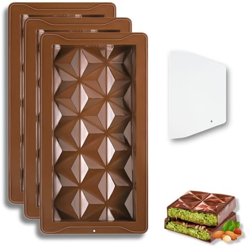 LynixTrade 3 Pcs Deep Chocolate Moulds Silicone with Scraper, 0.76 Inches Deep Diamond Style Chocolate Bar Moulds for Dubai, Silicone Moulds, Silicone Molds Sweet Making Kit