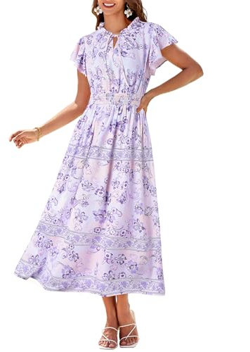 GRACE KARIN Robe d'été à manches courtes à volants, pour femme, col rond, coupe trapèze, robe maxi décontractée, robe de plage bohème, Violet/blanc à fleurs, M