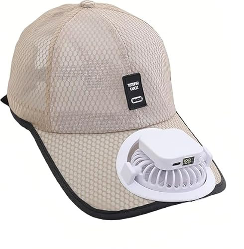 Unisex Baseball Cap with Built-in Fan, Breathable Mesh Sun Protection Peaked Cap, Solar Powered/USB Charging Fan Hat, Adjustable Lightweight Outdoor Beach Sports Visor Cap Beige