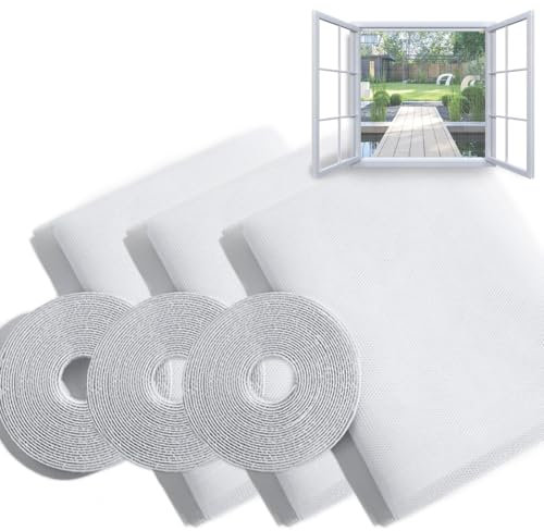 SHSMPXOY 3 pcs Zanzariera per Finestra 130 x 150 cm Protezione Adesiva contro le Zanzare Fissa con Nastro Adesivo Rete Molto Resistente Rete Zanzariera per Finestre (Bianco)