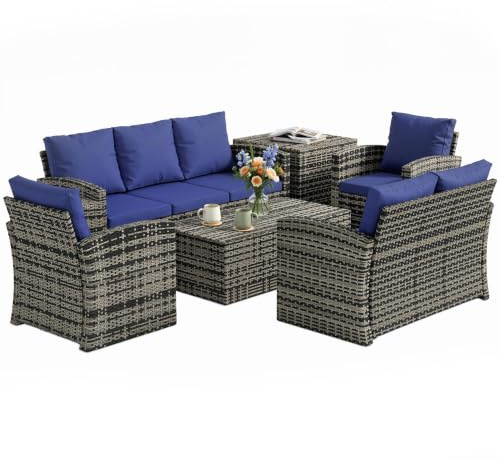Outsunny 6 Pieces Rattan Garden Furniture Set 7 Seater with Cushions Navy