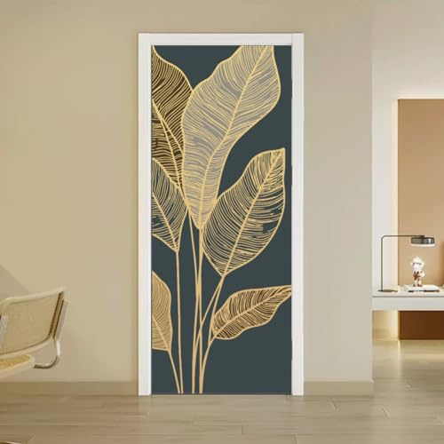 arricraft 2 Sheets Gold Leaves Self-Adhesive Door Sticker, 80cmx200cm/31.5x78.7inch Leaves Pattern Door Murals Stickers PVC Removable Wallpaper Decoration for Bedrooms ​Living Room
