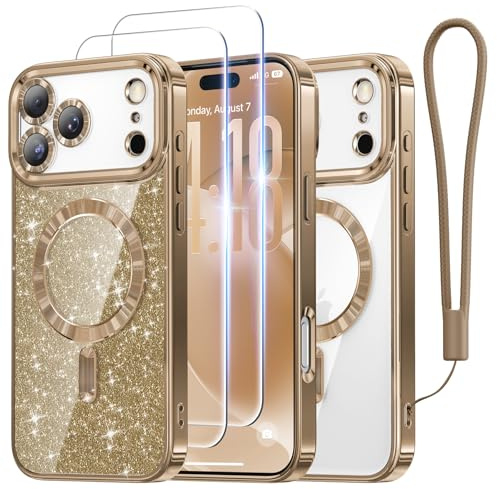Meifigno Entwickelt für iPhone 17 Pro Hülle 6,3, [Glitzer Karte & Handykette] [Kompatibel mit MagSafe] [2X HD Schutzfolie] Vollständiger Kameraschutz für iPhone 17 Pro Hülle, Titan Wüstensand
