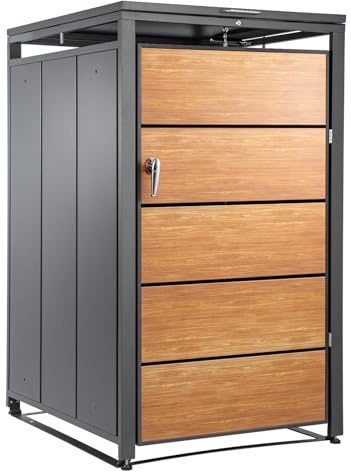 240L Mülltonnenbox aus Stahl Mülltonnenverkleidung Abschließbar Wetterfest Müllbox Tonnenhaus Abfallbehälter für Garten Einfahrt (1, Verschließbare Klappe - Schwarzer Rahmen+Tür aus Holzfarbe)