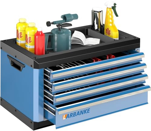 Tool Box with 4 Drawers with Lock and Keys, Portable Tool Box with Multifunctional Countertop, with Drawer Insert and Connection Holes, Stackable with Tool Boxes | Portable, Multifunctional Countertop, Anti-scratch Drawer Liner,Connect Rod, Stacking with Same-Series 5 &7-Drawer Tool Chest