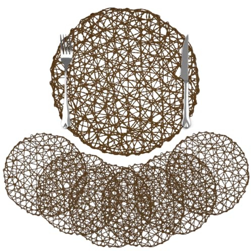 comfoyar Tischsets Rund Papier Geflochten 6er Set, 33cm rutschfeste Dunklen Braun Gewebt Platzsets, Natürlich Platzdeckchen für Innen Außen Küche Essen Party Tischdekoration