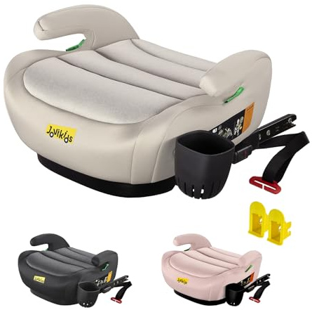 Jovikids Kinder Sitzerhöhung Auto mit ISOFIX, Ca.15-36 kg(6–12 J.)-Beige | ECE R129 I-Size(125-150cm), Verdicktes Sitzpolster, Weicher & Waschbarer Bezug, ISOFIX-Einführhilfen, Becherhalter