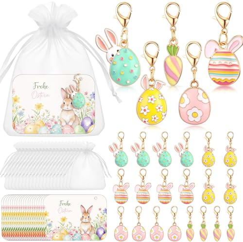 BBTO 20 Sets Ostern Gastgeschenk Schlüsselanhänger 20 Osterkarten für Gäste | 20 Schlüsselanhänger, Ostereier, Hasen, Karottenanhänger, 20 Organzabeutel, Ostergeschenk für Kollegen, Frühlingsdekoration