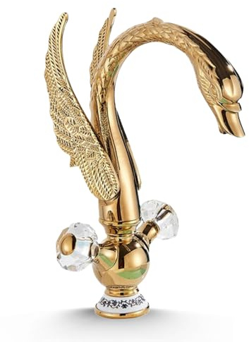 Ari Waschtischarmatur SWAN Wasserhahn Badezimmer Waschtisch Badarmatur für Waschbecken, Messingkörper, Keramikventil, integrierter Belüfter, Einlochmontage, Schwan Design (Gold, Zweigriff)