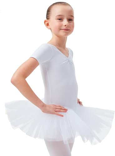 tanzmuster ® Ballettkleid Mädchen Tutu - Nele- aus weichem Baumwollstoff mit Glitzersteinen fürs Kinder Ballett Ballettbody Ballett Trikot, Weiß 164-170
