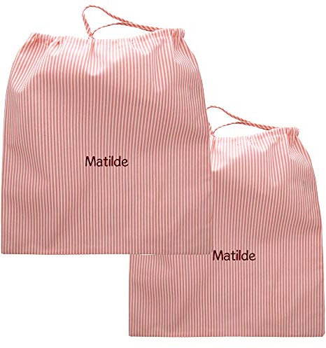 Coccole - Set Sacca Asilo Personalizzata Multiuso 2pz - Sacca per Asilo in Puro Cotone per Vestiti e Oggetti Personali - Personalizzabile con Nome a Righe Rosa