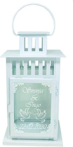 Hochzeits-Laterne Metall weiß Mod. 4 mit Motiv-Gravur 28x15,5x15,5 cm