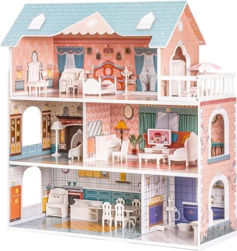 ROBUD Puppenhaus aus Holz mit Möbeln und Zubehör Mädchen Häuser Spielhaus Spielraum Spielzeug für Kinder