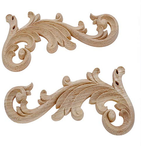 MUXSAM 1-Pair Carved Wood Applique, Long Decorative Mouldings Unpainted DIY Woodcarving Corner Onlay Decals Home Decor for Furniture Door Cabinet Drawer Headboard Table 20x9cm/7.87x3.54inch
