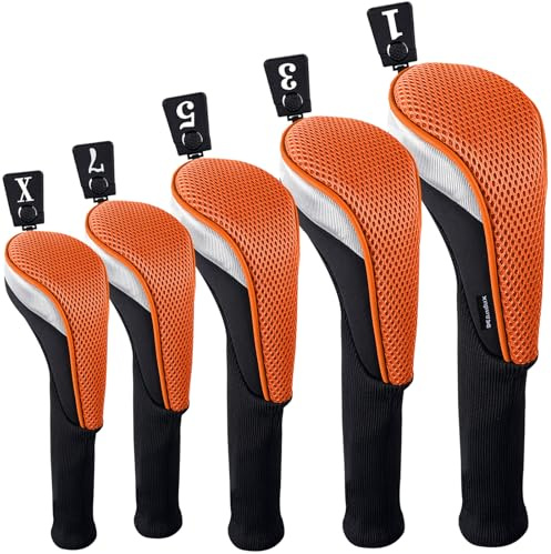 Andux Golfschlägerhauben für Golfschläger mit 460 cc, Fairwayholz, langer Hals, austauschbare Nummernanhänger Anhänger: Schwarz/Orange.