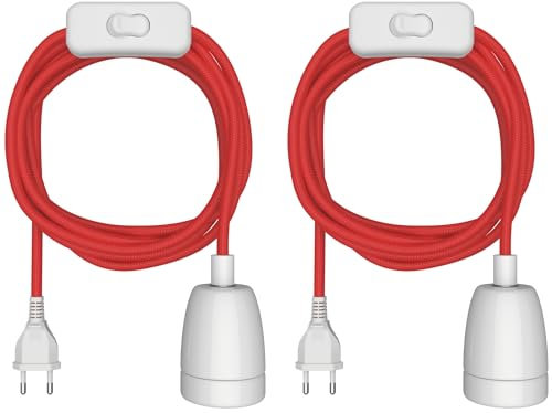ledscom.de 2 Stück Textilkabel LEHA II, Stecker, Schalter, rot, weiß, 3 m, Porzellan-Fassung, 1x E27 max. 300W