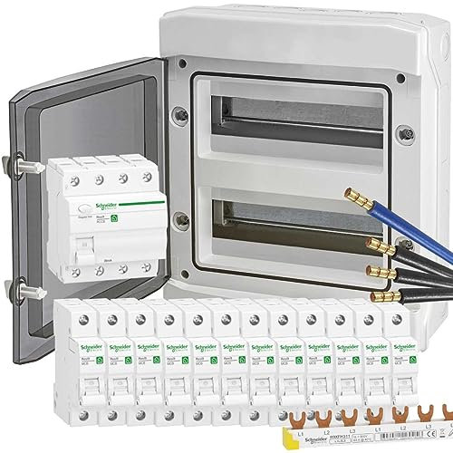 WITTKOWARE Feuchtraum-Verteilungsset, AP Kleinverteiler 2-reihig IP65, FI-Schalter 40A/0,03A, 12x LS-Schalter B16A, Phasenschiene, Verdrahtungssatz