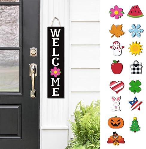 Austauschbares Mini-Türschild aus Holz für drinnen und draußen, mit 15 Stück saisonalen austauschbaren Ornamenten, rustikales Bauernhaus-Schild, Heimdekoration, Halloween-Dekoration, Schwarz