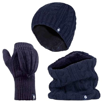 HEAT HOLDERS - Womens Thermal winter fleece cable knit Hat, Neck Warmer and Converter Gloves set
