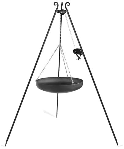 Wok sur trépied - Hauteur : 180 cm - En acier brut - Diamètre : 70 cm - Avec manivelle