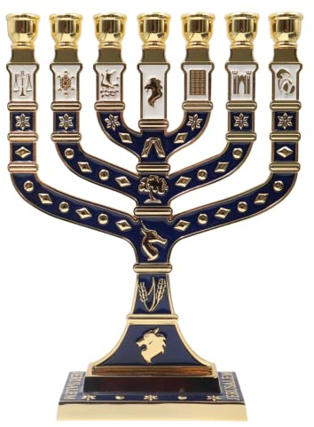 Ateret Judaica Jerusalem blaue Emaille-Menora mit 7 Armen, 27,4 cm hoch, mit den 12 Stämmen Israels, Kerzenhalter für jüdische Kerzen