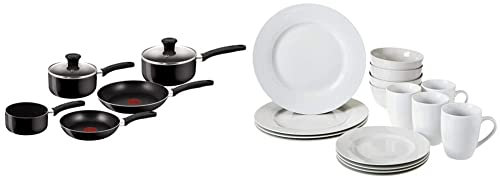 Tefal B470S544 Delight 5 Piece Non Stick Pan Set (14 cm Milk, 16/18 cm Saucepans with Lids, 20/24 cm Frypan) & Amazon Basics 16-Piece Dinnerware Set, Service for 4, AB-grade porcelain, White