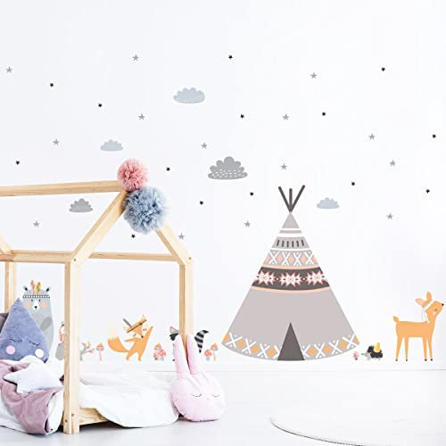 Wandsticker Kinder Dekoration Babyzimmer Wandtattoo Kinderzimmer Wandaufkleber Fuchs Skandinavische Tiere Indianer Tipis Wandsticker H60 x 90 cm