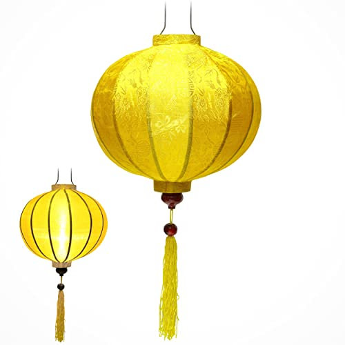 Laterne Lampion Asiatische aus Seide Gelb, R Ø38cm - Traditionelle Hoi An Hängelampe aus Stoff, Bambus und Holz - Dekoration und Handwerk aus Vietnam (R25-J)