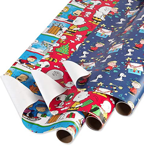American Greetings Peanuts Weihnachts-Geschenkpapier-Bündel mit Schnittlinien, Erdnüsse-Figuren (3 Rollen, 105 m²)