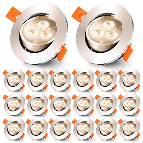 Ikodm 20er 3W LED Einbaustrahler, Schwenkbar 230V Deckenspots, Ultra flach Einbauleuchten, IP44 Wasserfest, Bad Spot Warmweiß 3000K, Deckenstrahler für Badezimmer Wohnzimmer, 3W, 20er