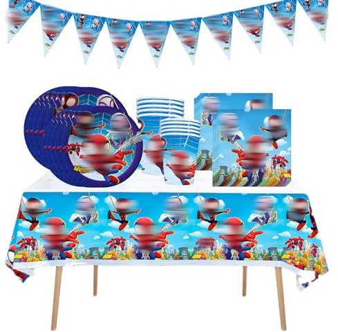 42Pcs Blue Superhero Party Tableware Decorations for Kids Birthday,Superhero Cartoon Party Table Cloth,7inch Paper Plates,Paper Napkins,Cups for Boys Superhero Spider Theme Party Favor