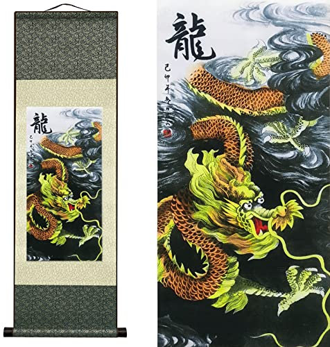 Valart Peinture sur Rouleau Soie Asiatique Dragon Oriental Décoration Murale Peinture Art Chinois Dragon Doré à Cinq Pattes Défilement Peinture Suspendue Décor Oriental(93 x 30 cm)