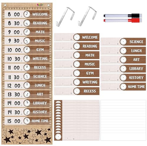 Taschenplaner für den täglichen Zeitplan, Klassenzimmer-Tafel aus Jute mit 13+1 Taschen, 26 wiederverwendbaren Karten(13 doppelseitig bedruckte Karten und 13 leere Karten) sowie 2 Metall-Aufhängehaken