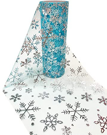 CaiiBtntgb Schneeflocke Tüll Rolle Organza DIY Handwerk Kinder Ballett Kleid Baby Dusche Party Zubehör Festliche Dekoration 15cm x 9,14m (Silberne Schneeflocken,Blauer See)