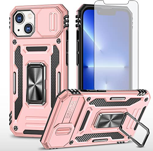 Asuwish Phone Case for iPhone 14 Plus 6.7 inch with Tempered Glass Screen Protector and Slide Camera Cover Ring Holder Stand i-Phone 14+ iPhone14Plus 5G i i14 + iPhone14 14Plus 14s Women Men Rose Gold