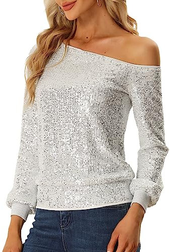 Allegra K Damen Schulterfrei Pailletten Oberteile Langarm Disco Party Glitzer Top Bluse Silber L