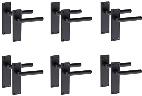 Golden Grace Door Handle Straight T-Bar Modern Lever Backplate for Latch, Matt Black Finish, 6 Pairs - 150mm x 40mm
