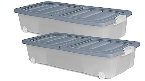 XL Unterbett Kommode mit Rollen 32L 80cm Deckel Spielzeug Box Aufbewahrung Aufbewahrungsbox Flach Set Kunststoff Unterbettkommoden Unterbettkommode Bettkasten Unterbettbox Plastik (2 Stück, Blau)