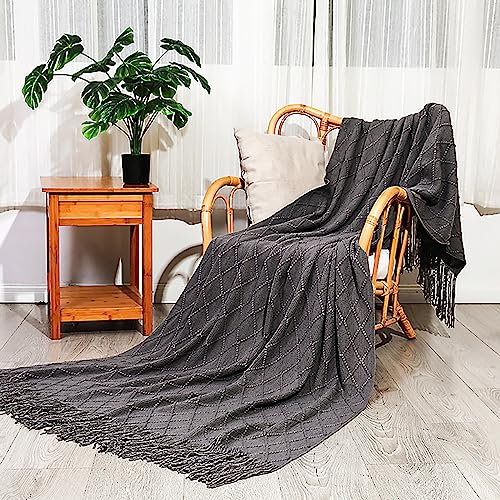 Menkala Kuscheldecke Boho Dunkelgrau Decke Wohndecke Gestrickt Grau Sofadecke Tagesdecke Picknickdecke Leichte Sofa Überwurfdecke Sommerdecke Couchdecke Strickdecke mit Fransen Grau Decken 130x230 cm