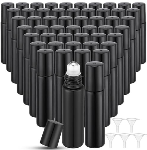 SEEWEY 96 Stück ätherische Öl-Rollerflaschen, 10 ml, leere Glasflaschen mit Edelstahl-Rollkugeln, Schutz, auslaufsicher, mit 5 Trichtern für Reisen, Parfüm, Lipgloss (schwarz)