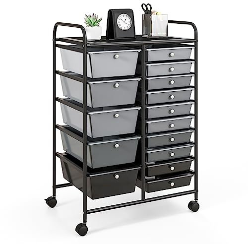 GIANTEX Rollwagen mit 15 Schubladen stapelbar, Schubladenwagen Badrollwagen Küchenwagen mit feststellbaren Rollen, Aufbewahrungswagen Haushaltswagen für Küche Bad Büro 63x37x87 cm (Hellgrau+Schwarz)