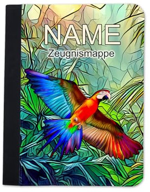 Zeugnismappe mit Namen | Zeugnismappe personalisiert | mit Klarsichthüllen A4 + | Urkundenmappe | personalisierte Dokumentenmappe mit Platz für U-Heft, Impfpass, Schwimmpass, Fahrradpass (Papagei)