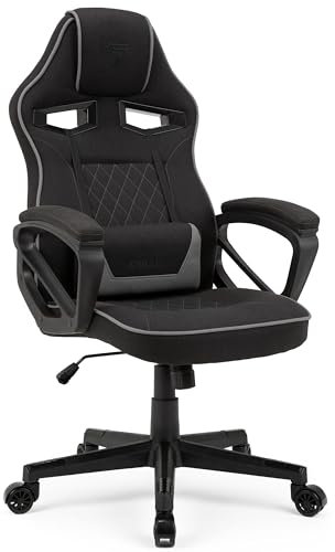 SENSE7 Gaming Stuhl Knight, Ergonomischer Gaming Sessel Mir verstellbaren Lendenkissen, Gaming Chair mit Wippfunktion, Gepolsterte Armlehnen, Stoff Bürostuhl bis 120kg, PC Stuhl Schwarz-Grau