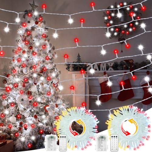 CCILAND 2 Pack 10M 100 LED Red White Christmas Tree Lights Battery Powered | Dual Colour Changing Fairy Lights with Remote Timer 12 Modes for Bedroom Garden Holiday Party Xmas Tree Decor