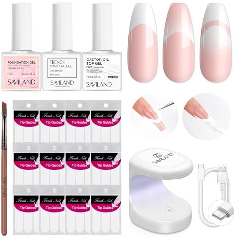 Saviland French Manicure Kit : French Tip Tools for Beginners French Tip Nail Stickers French Nail Brush White Gel Nail Polish Quick-Dry Nail Lamp French Tips Guides for Nail Art