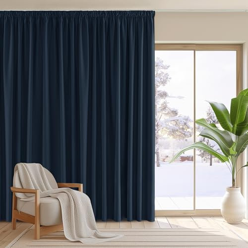 PONY DANCE Raumteiler Vorhang mit Kräuselband für Schiene Wohnzimmer Gardinen Dunkelblau Blickdicht 1er-Set H 245 x B 300 cm Thermovorhang gegen Hitze Extra Breite Vorhänge Wärmeisolierend