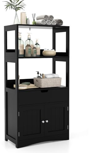 KOMFOTTEU Aufbewahrungsschrank mit 3 Ebenen, Hochschrank Mehrzeckschrank aus Holz, Badezimmerschrank mit Schublade & Türen, Küchenschrank Badregal 60x32,5x122cm (Schwarz)